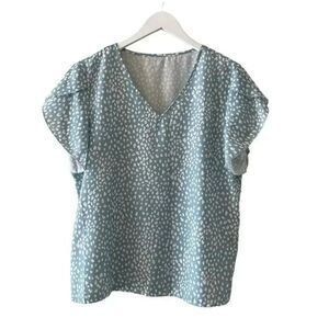 Shein V-Neck Flutter Short Sleeves Aqua White Animal Print Novelty SZ L # 1599